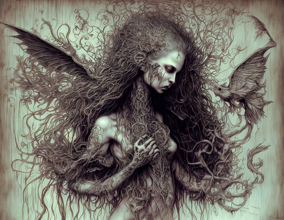 Ethereal winged creature with flowing hair and bird symbolizes grace and elegance.