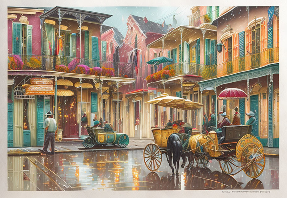 Historic street scene with architecture, people, carriage, and car in rain