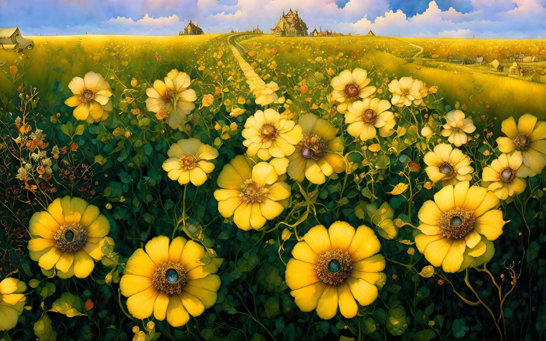 Yellow Flowers in Foreground, Path Through Green Fields to Distant Hills