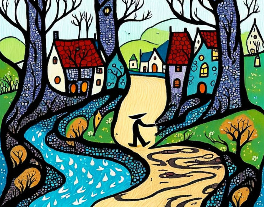 Colorful painting of whimsical village with river & trees