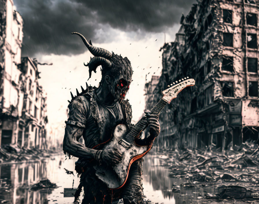 Horned creature playing electric guitar in post-apocalyptic cityscape