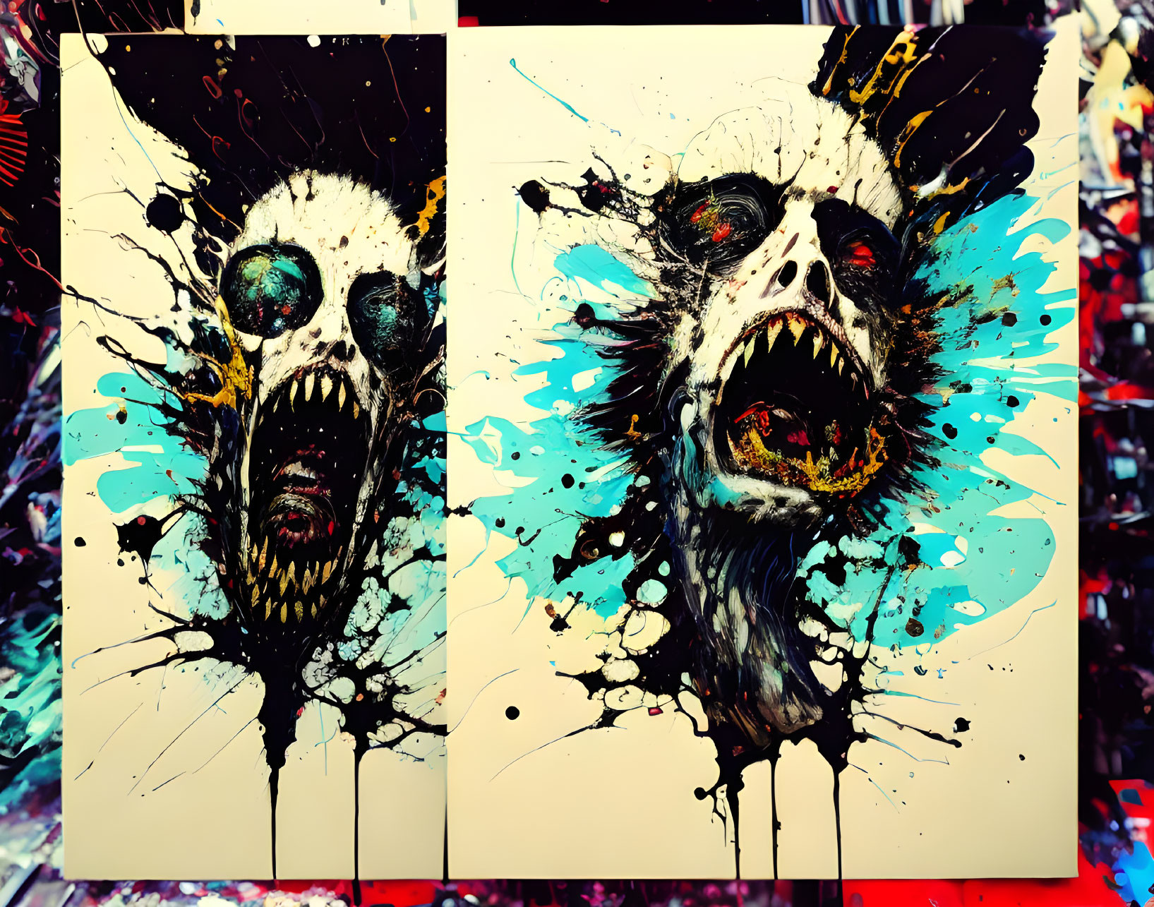 Colorful Abstract Art: Splattered Monstrous Faces on Diptych Canvas