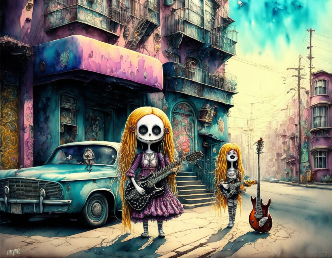 Colorful dystopian street scene with animated skeletal characters playing guitars