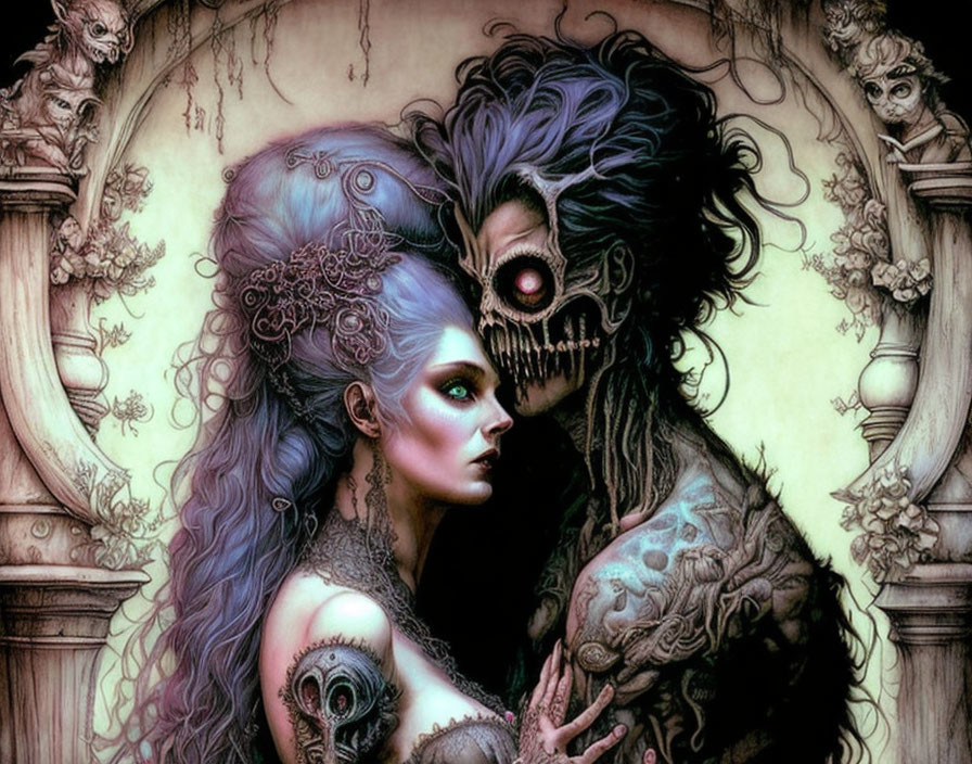 Illustration of woman with lavender hair embracing skeletal figure in gothic setting.