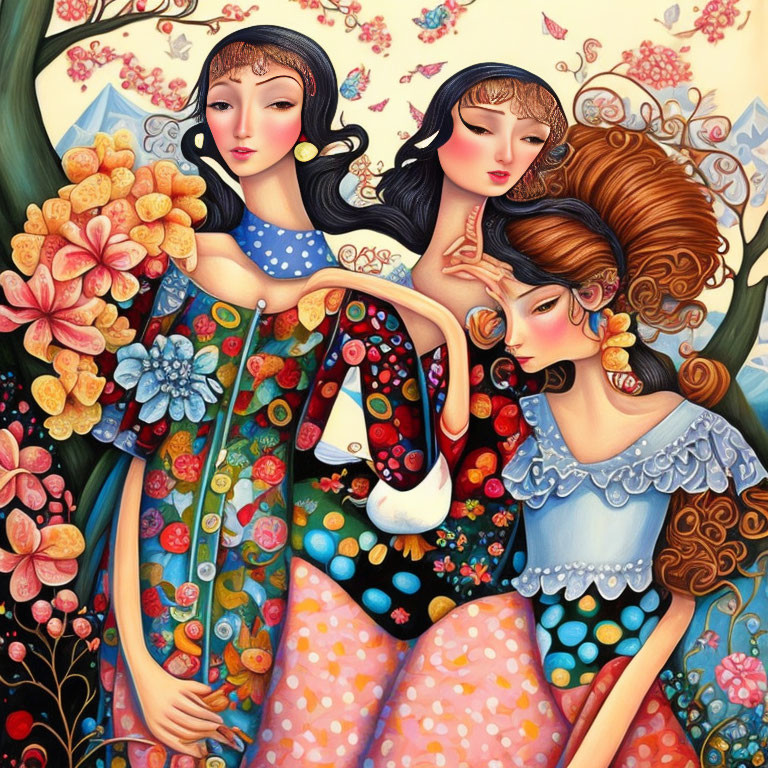 Stylized women with flowing hair in colorful dresses amongst floral elements