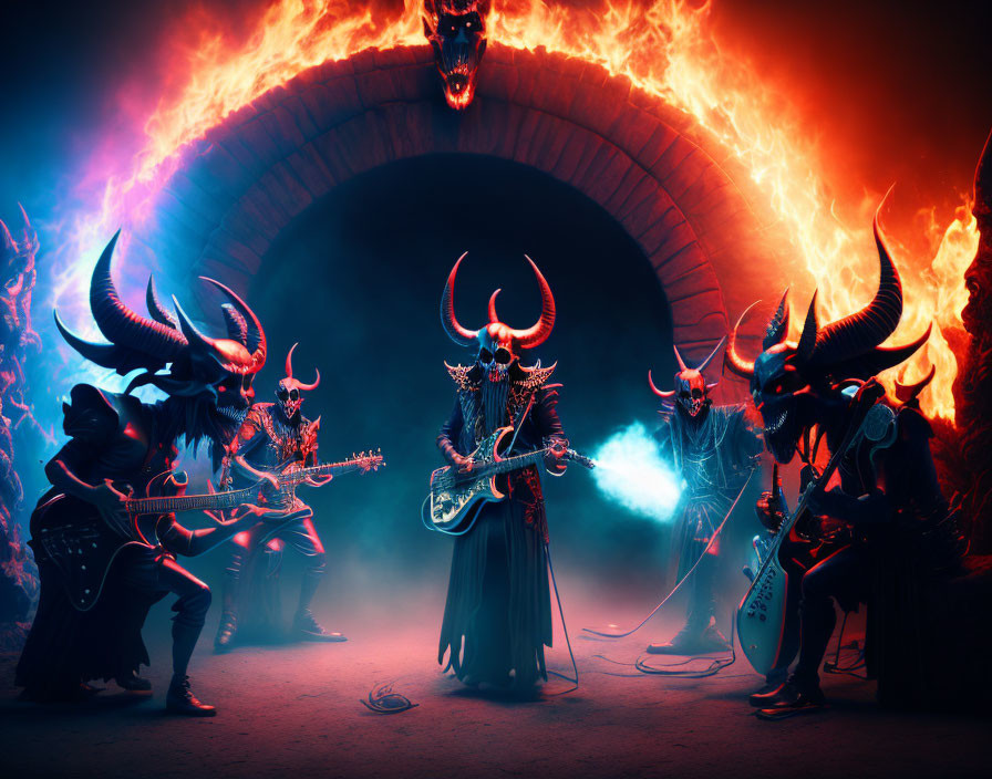 Fantasy rock band with demonic figures in fiery setting