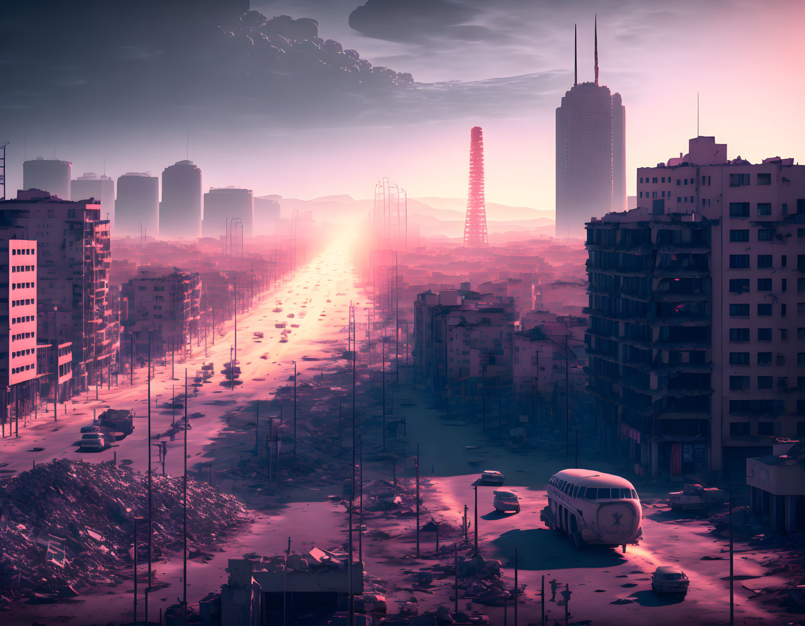 Dystopian cityscape at sunset: abandoned buildings, futuristic towers, empty streets, pink sky