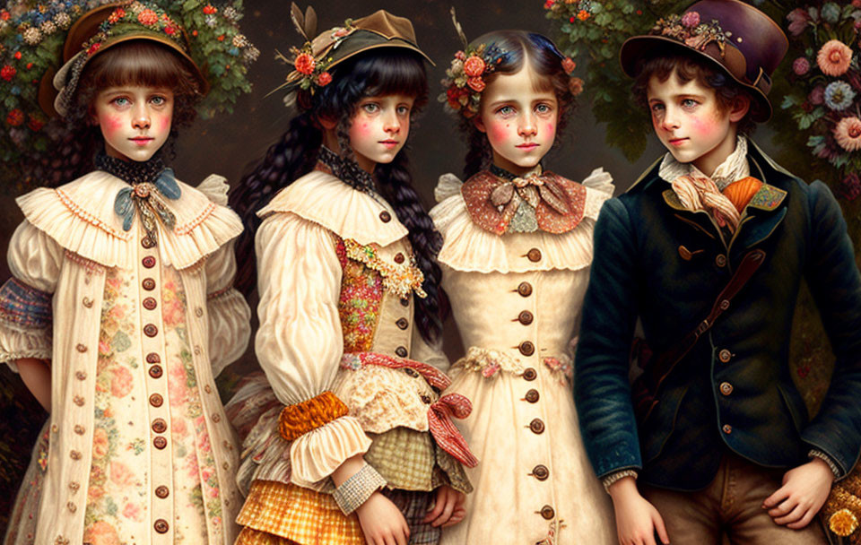 Four children in vintage clothing with elaborate hats and bows captured in a photo.