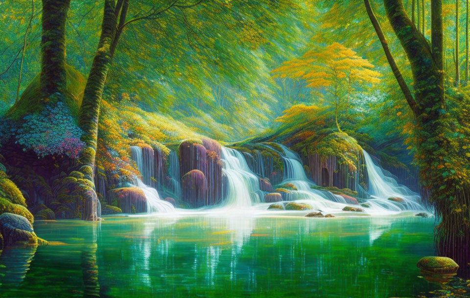 Lush Trees and Waterfall in Serene Forest Setting