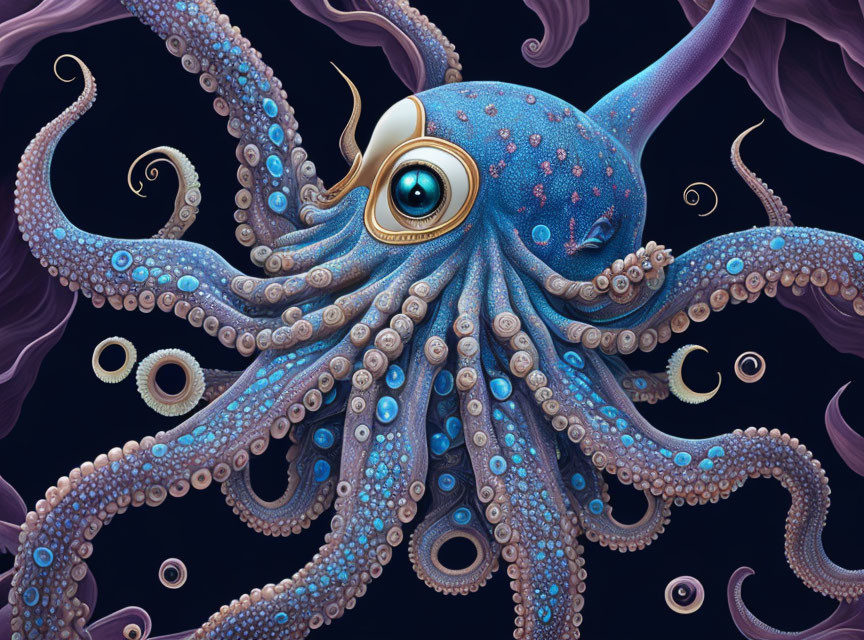 Detailed Blue Octopus Illustration with Expressive Eyes & Numerous Tentacles