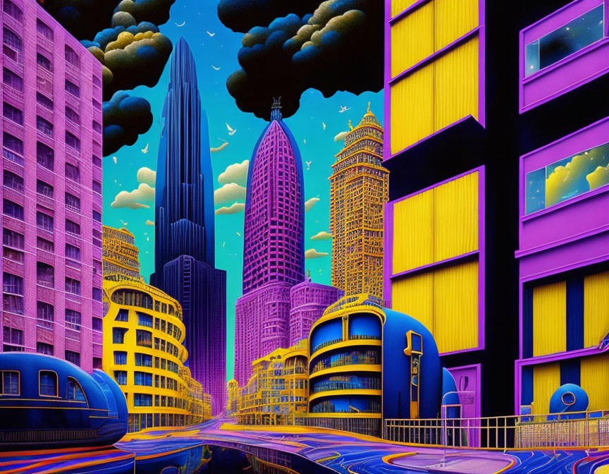 Colorful Surreal Cityscape: Neon Buildings, Blue Roads, Purple Sky