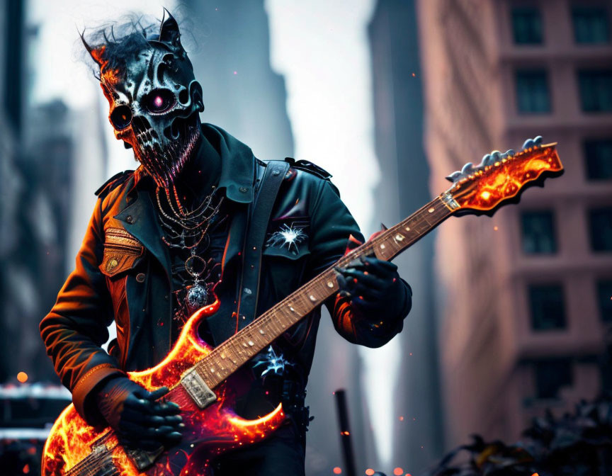 Person in skull mask plays flaming guitar in urban setting