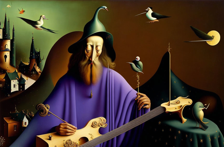 Illustration of cloaked figure playing instrument with birds, crescent moon, and castles.