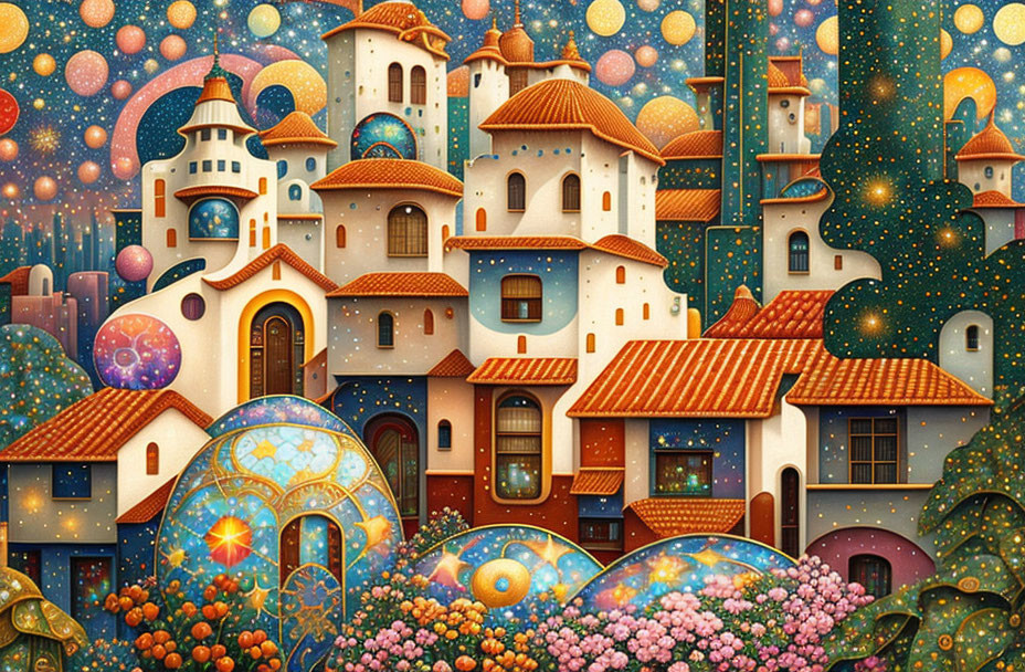 Colorful Fantasy Townscape with Celestial Elements