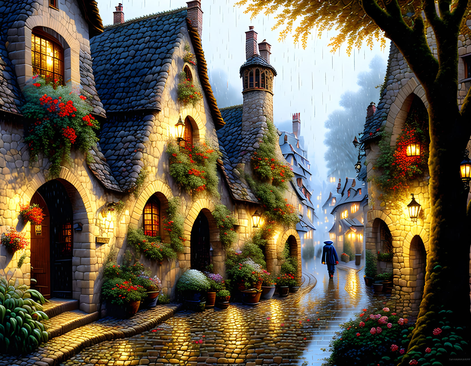 Cobblestone street with cottages, flowers, rain shower, streetlights, person with umbrella