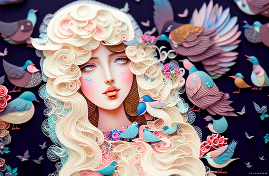 Blonde woman with birds in colorful whimsical design