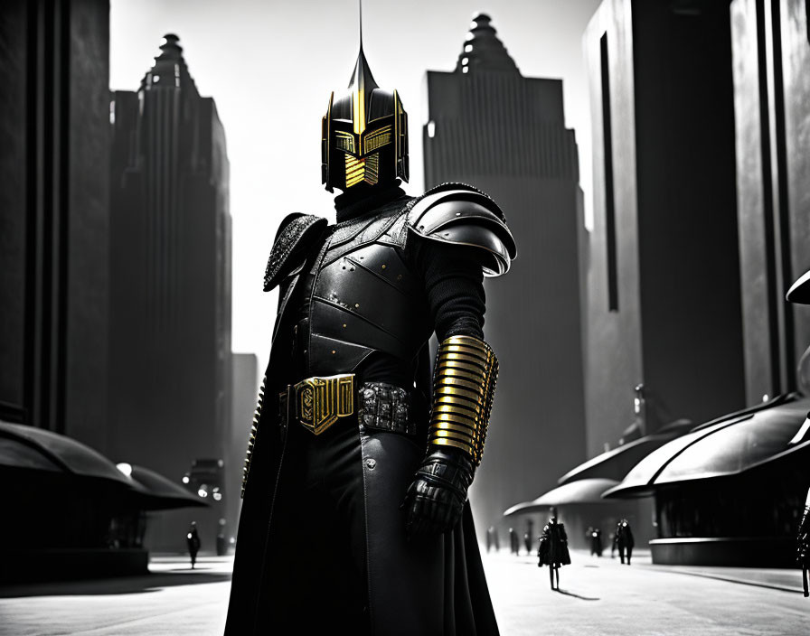 Futuristic knight in dark cityscape with towering buildings