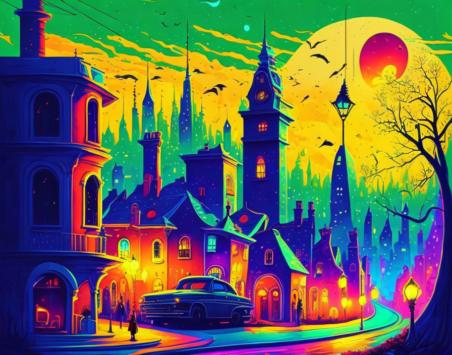 Colorful illustration: Whimsical cityscape at night with glowing buildings