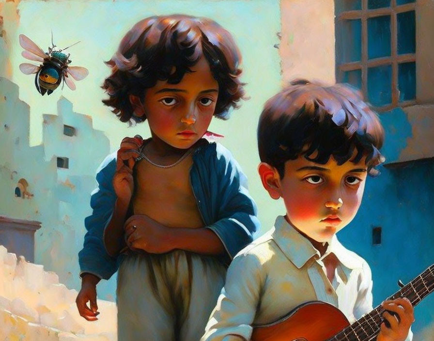 Children in sunlit alley with girl wearing string necklace, pensive boy with guitar, watched by hovering