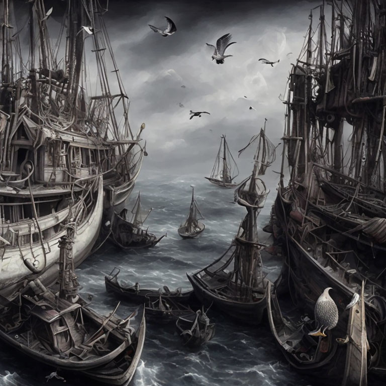 Gloomy harbor scene with old sailing ships, small boats, and seagulls under stormy