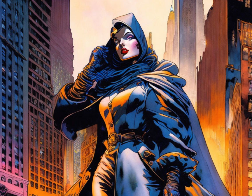 Female superhero in blue and black costume with cape against city skyline at dusk