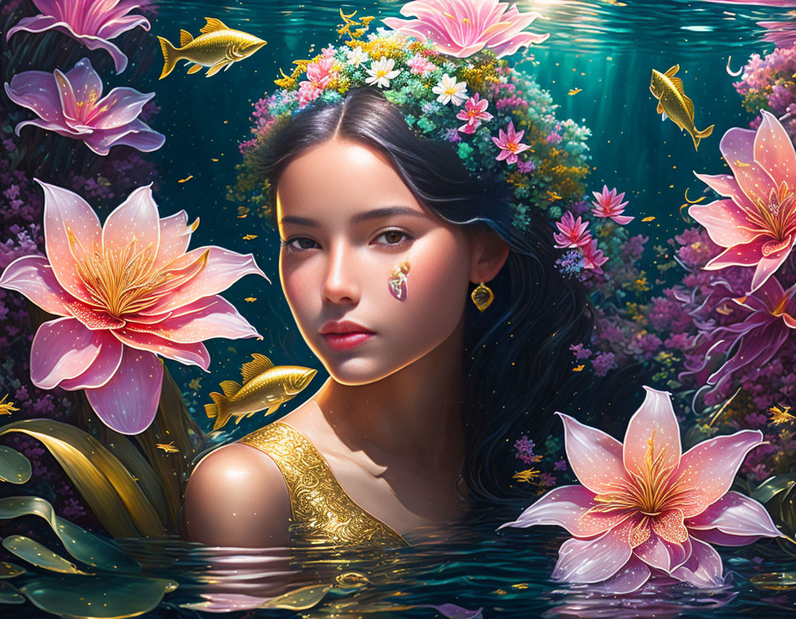 Woman in floral crown emerges from pond with blooming water lilies, fish, and underwater foliage