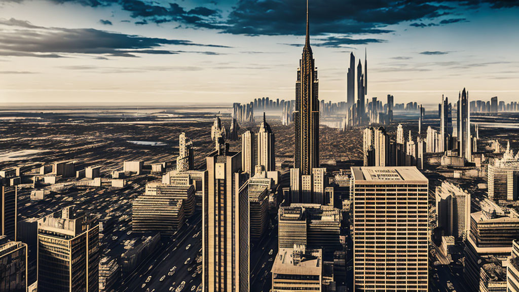 Modern cityscape with towering skyscrapers and diverse architecture under dramatic sky