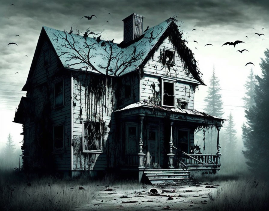 Eerie two-story house with mist, bats, and bare trees