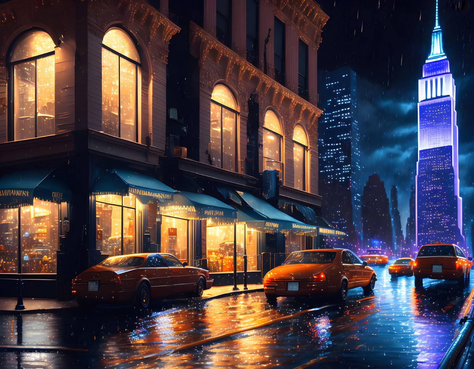 Urban scene: Rainy city night with neon signs, wet streets, parked cars, and skyscraper