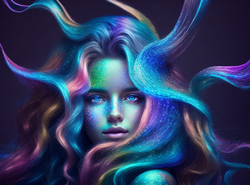 Vibrant digital portrait of woman with blue skin and galaxy makeup