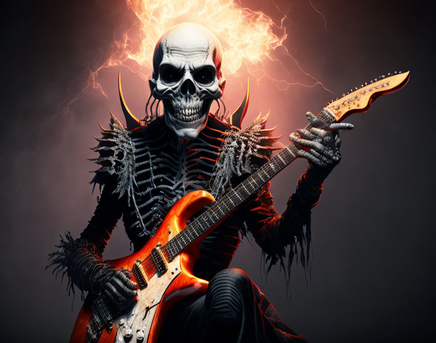 Skull-headed figure plays electric guitar in stormy scene