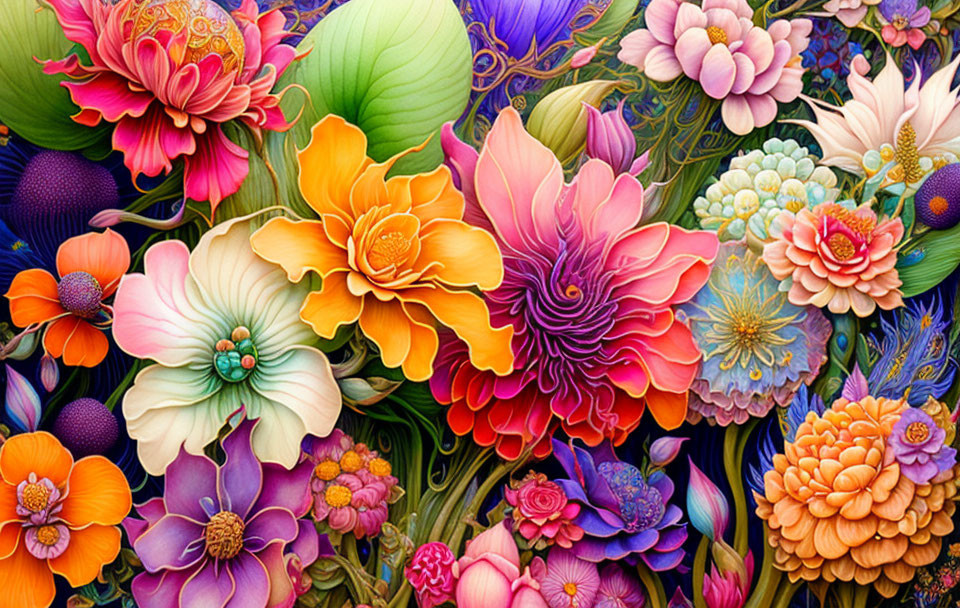 Colorful Stylized Flowers in Full Bloom with Rich Details