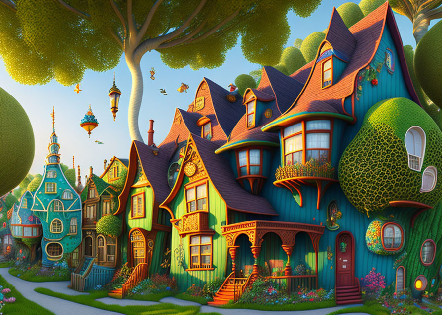 Colorful illustration of whimsical street with quirky houses, trees, and floating lanterns