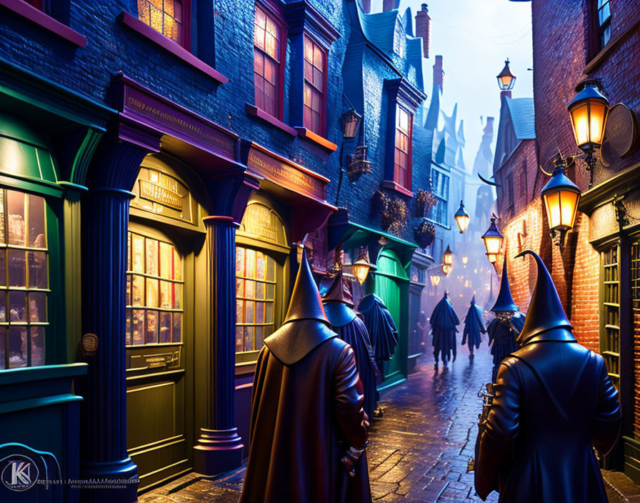 Enchanting cobblestone street with colorful old buildings and cloaked figures