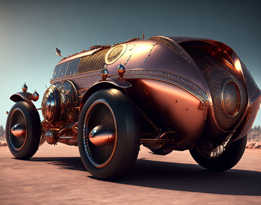 Futuristic ornate vehicle with copper finish in desert landscape