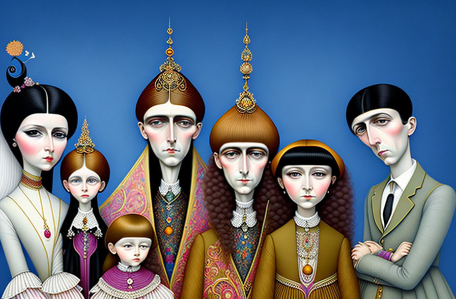 Seven stylized characters in ornate attire on blue background