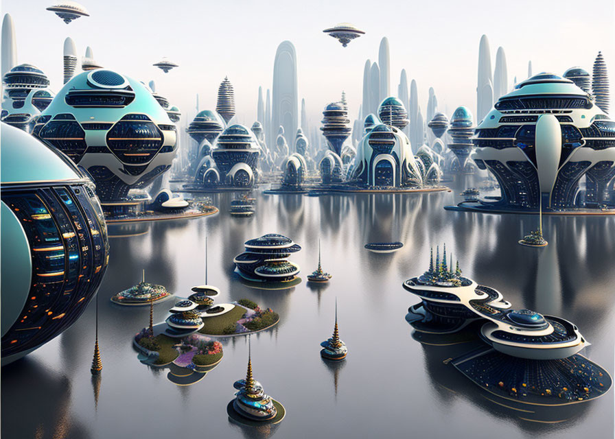 Futuristic cityscape with sleek, curved architecture and floating buildings