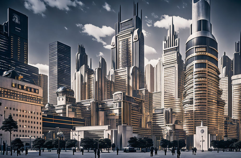 Futuristic cityscape with skyscrapers, sleek architecture, and people in plaza