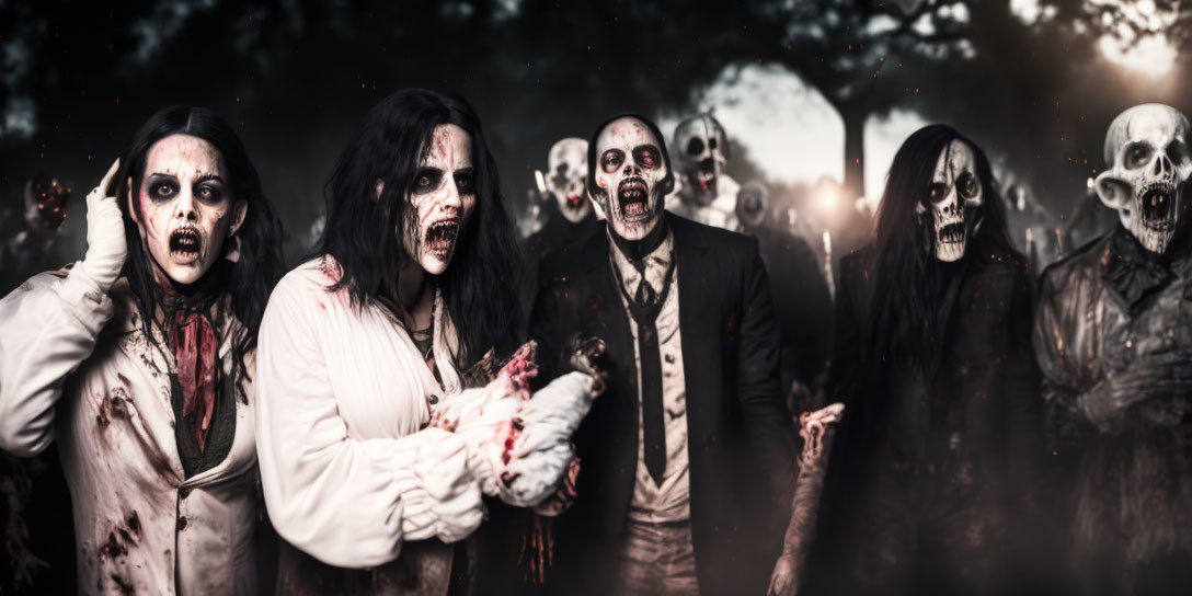 Group of people in zombie costumes with bloody makeup in eerie setting