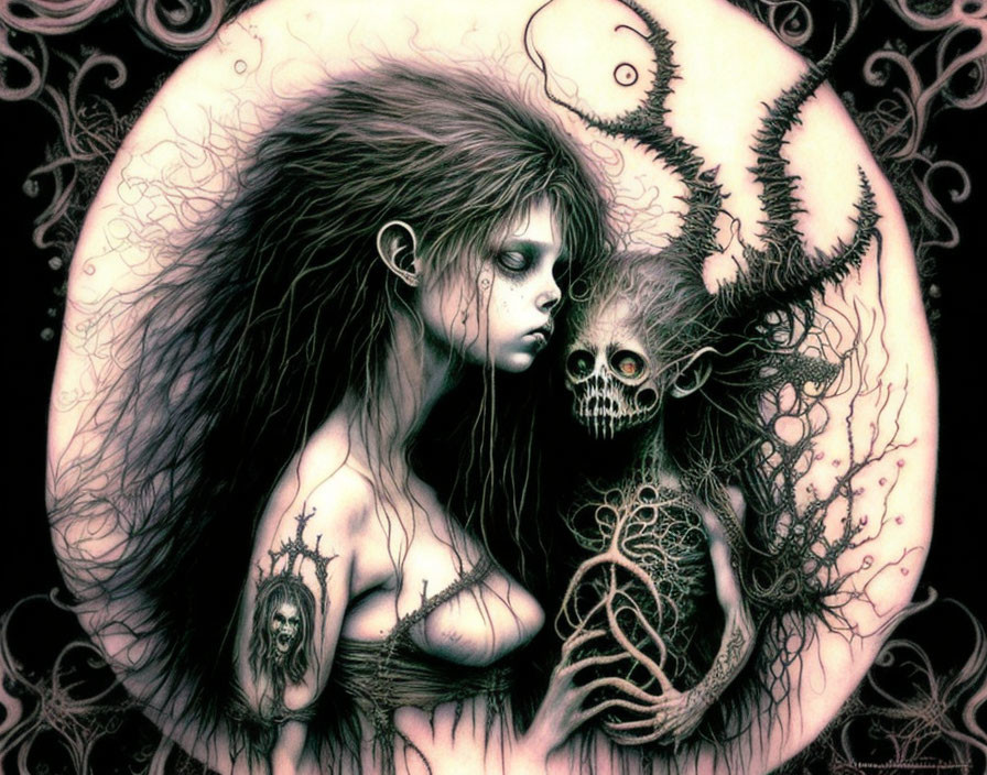 Gothic fantasy art: Pale woman with skull under full moon