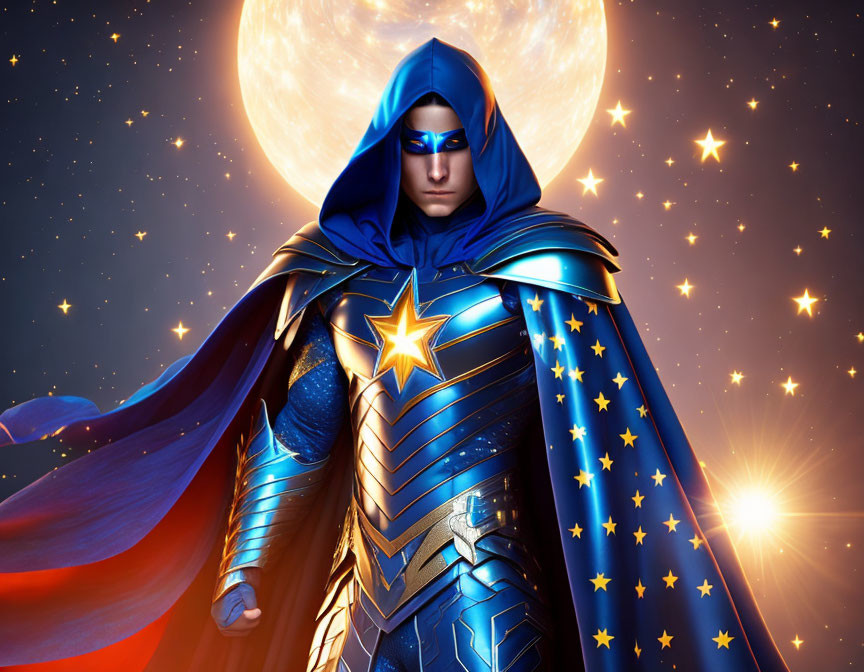 Heroic figure in blue and gold costume with star emblem against cosmic backdrop.