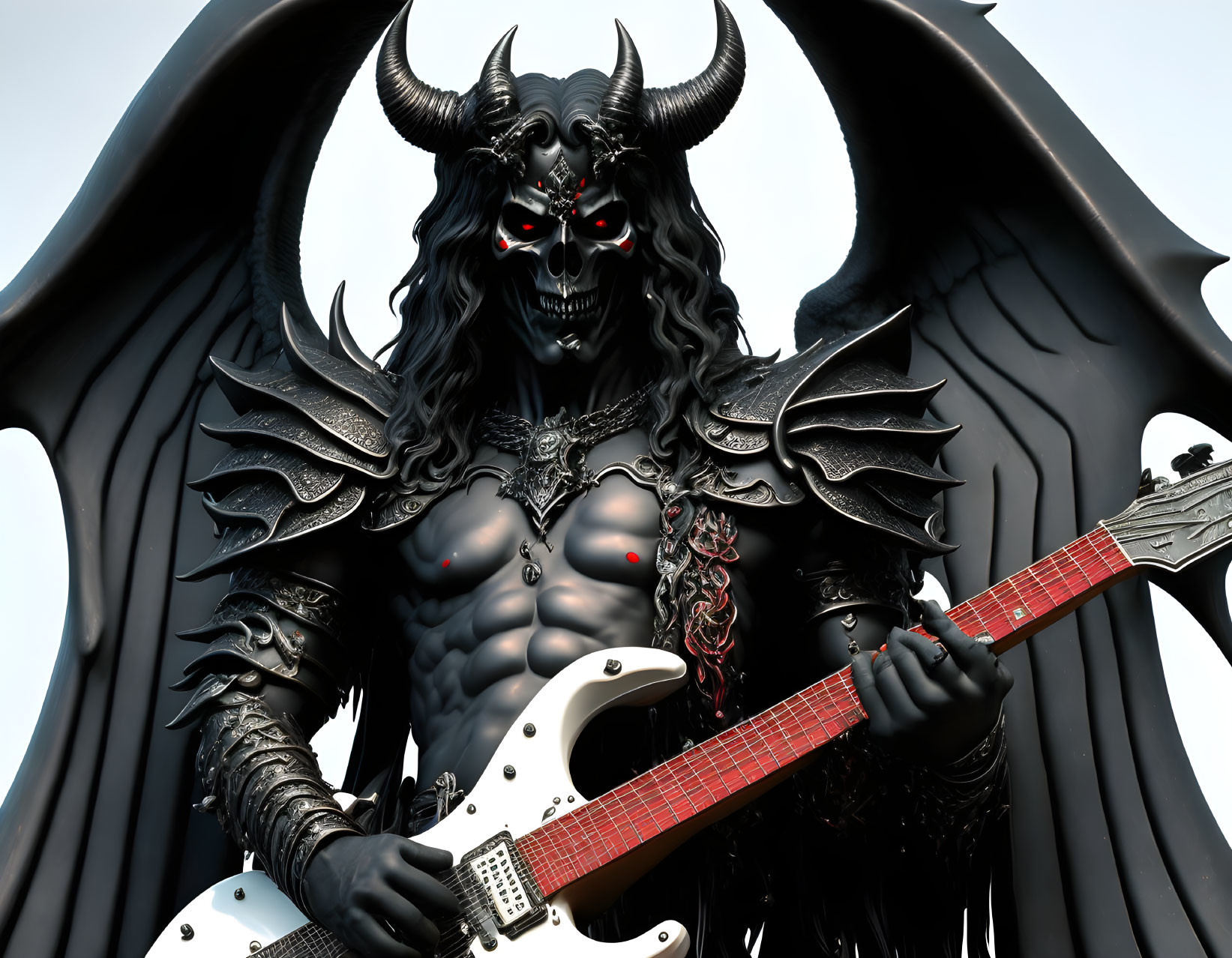 Black-winged figure with horns playing electric guitar and demonic armor