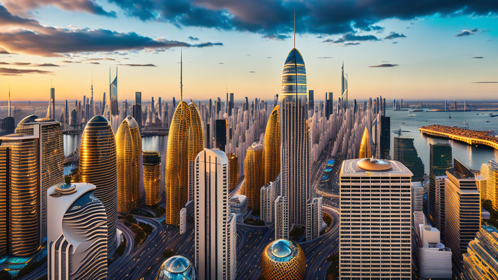 Futuristic city skyline at sunset with sleek skyscrapers