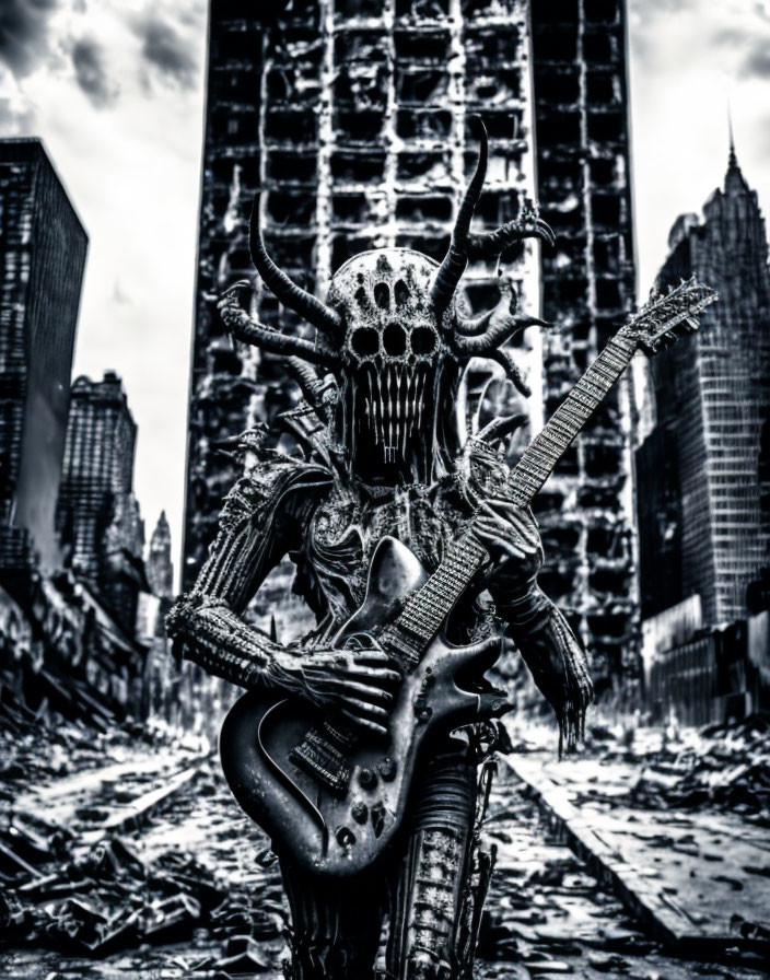 Person in skull mask playing electric guitar in urban ruins.