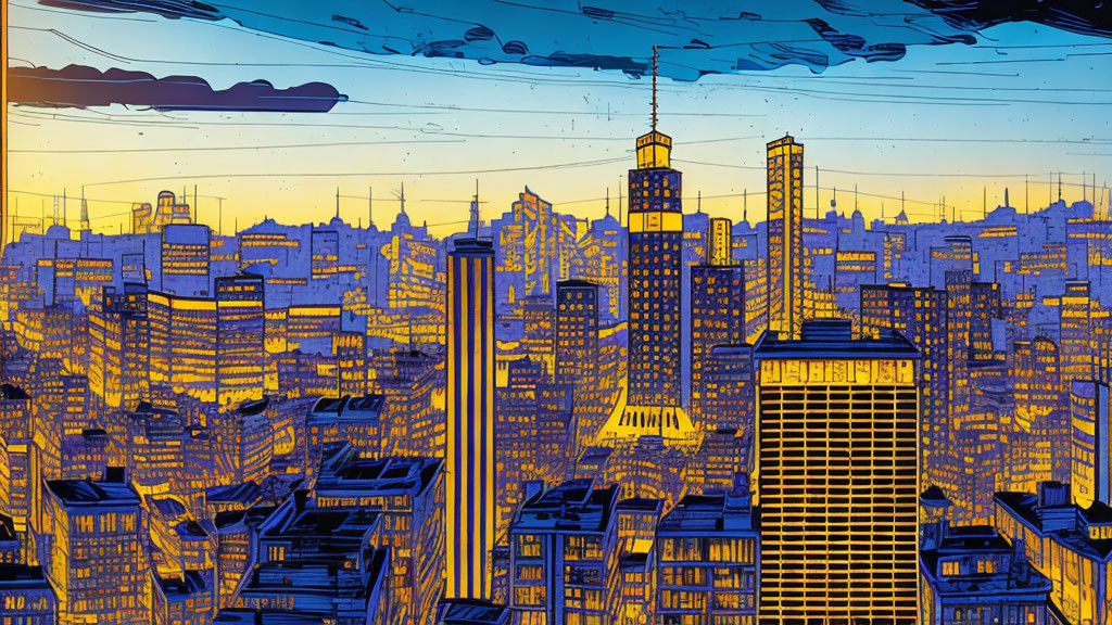 Comic book cityscape at night with blue and yellow hues, skyscrapers, illuminated windows, and