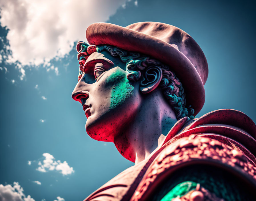 Classical statue side profile against vibrant blue sky