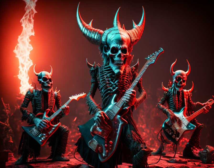 Skeletal figures playing guitars against fiery backdrop