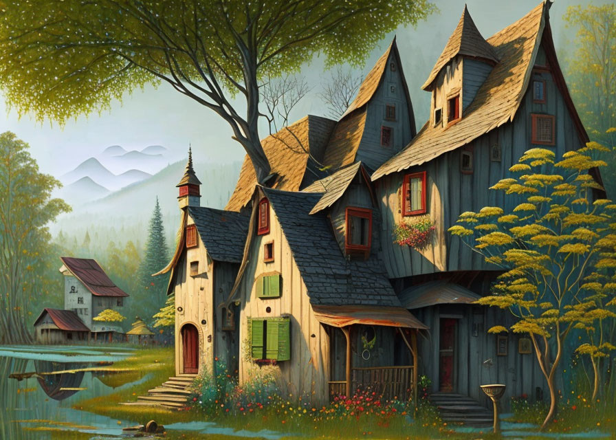 Whimsical village illustration with tree-shaped houses and tranquil lake