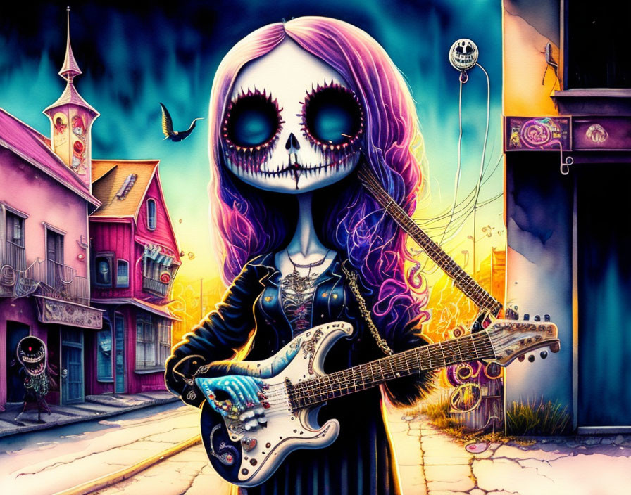 Colorful Skeleton Holding Guitar in Whimsical Town Scene