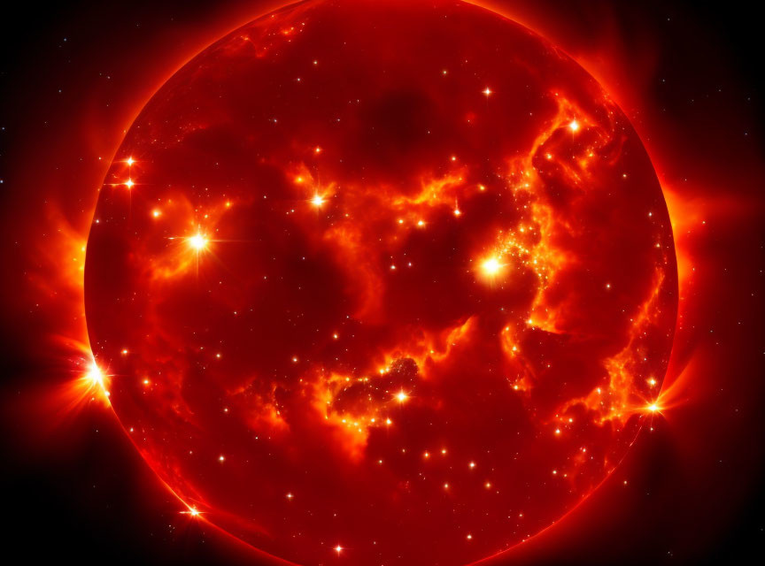 Red Glowing Star with Solar Flares and Intense Surface Activity